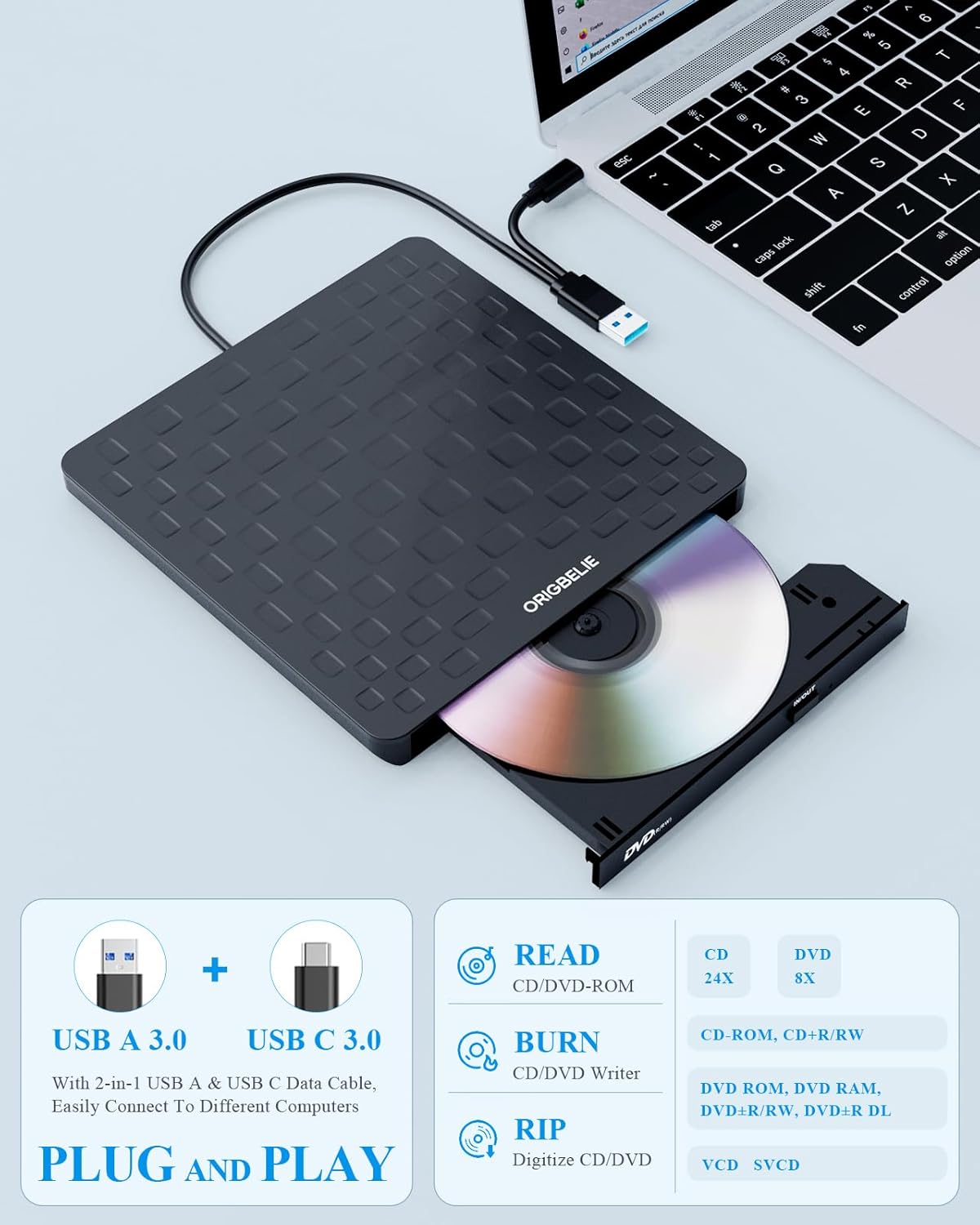 ORIGBELIE External CD DVD Drive for Laptop, USB 3.0 Type-C Ultra Slim 13mm DVD Player Portable CD DVD +/-RW Drive CD Burner Reader Writer Recorder for Desktop PC Windows 11/10/8/7 Linux Mac OS (Black)