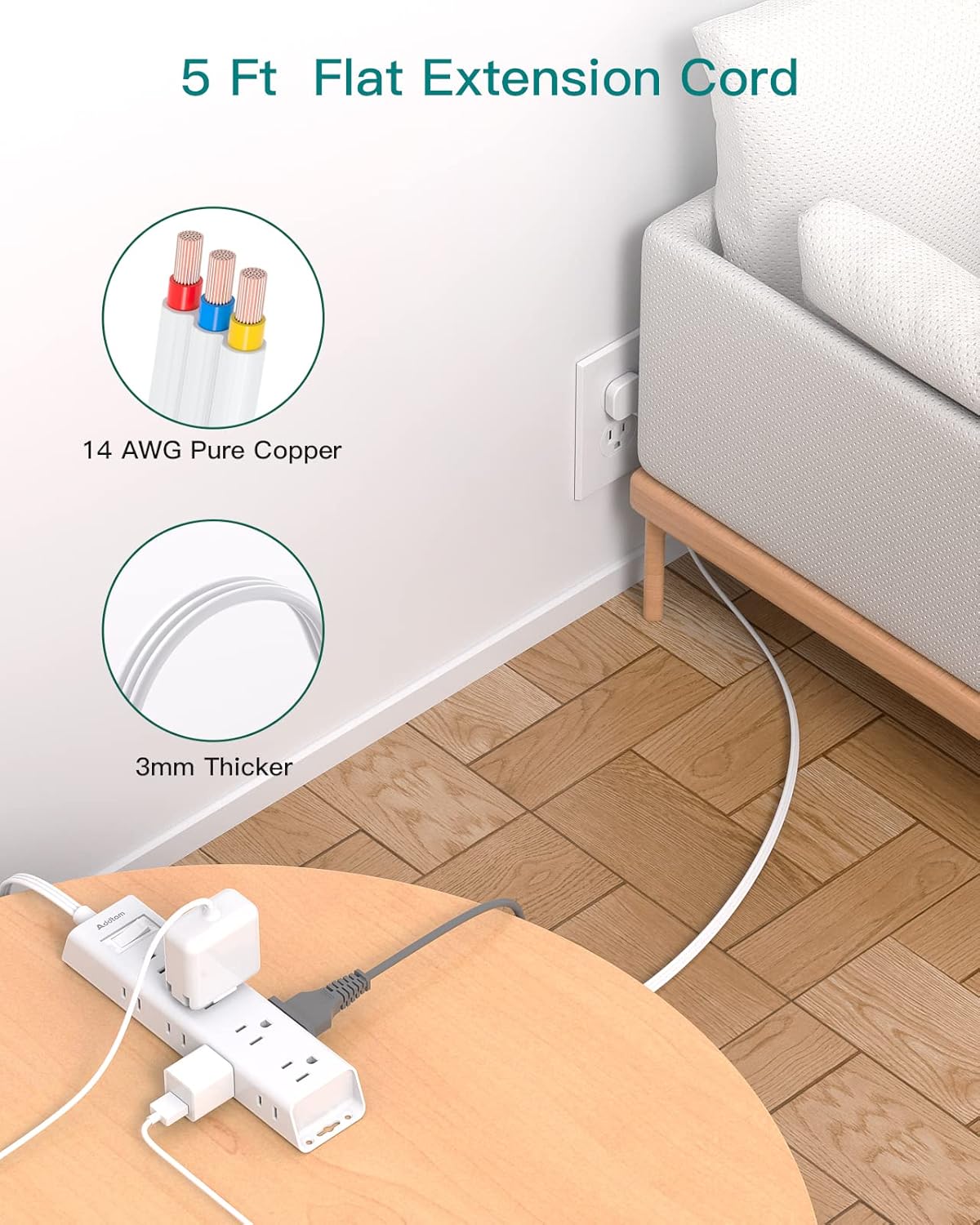 Flat Plug Power Strip, Ultra Thin Flat Extension Cord - Addtam 12 Widely AC 3 Sides Multiple Outlets, 5Ft, 1050J Surge Protector, Wall Mount, Desk Charging Station for Home Office Dorm Room Essentials