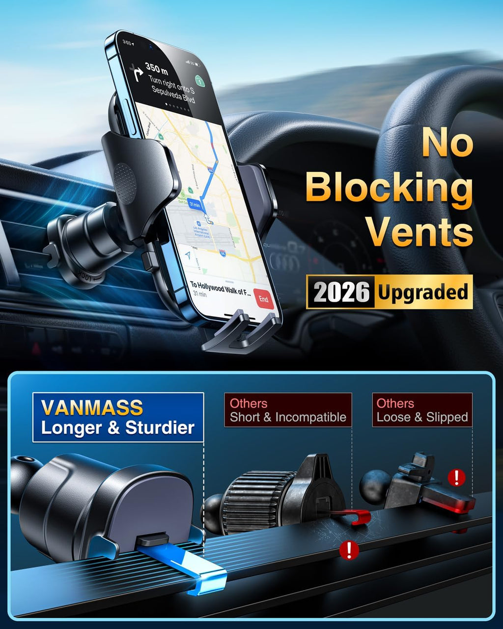 [2026 True Military-Grade] Car Phone Holder VANMASS [Upgraded Strongest Suction & Clip] Cell Phone Mount for Dashboard Windshield Vent Wall,Truck Cradle Stand for iPhone 17 Pro Max 16 15 14 13 Android