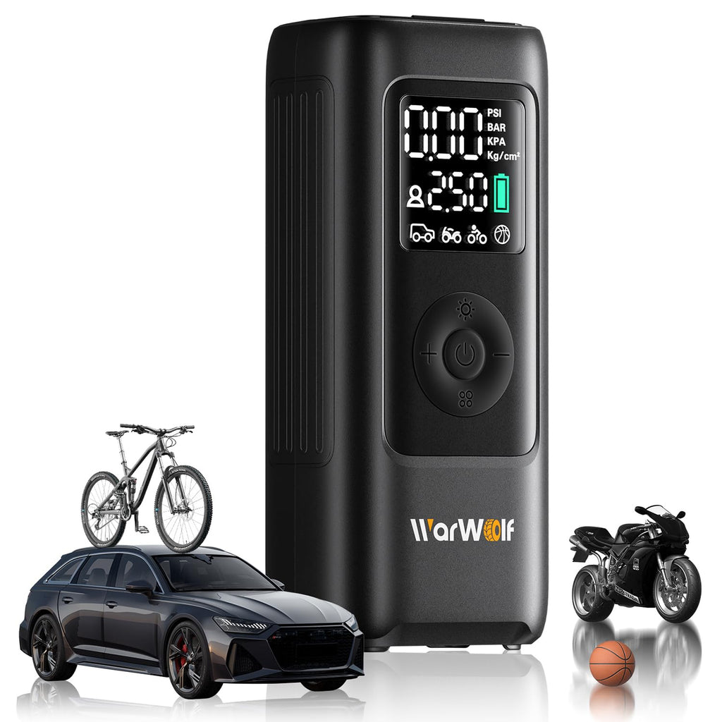 WARWOLF 160PSI Tire Inflator Portable Air Compressor, Electric Air Pump for Car Tires with Pressure Gauge, Dual Power 12V DC, LED Light, Auto Shut-Off, Tire Pump for Auto, Motorcycle, Bicycle, Balls