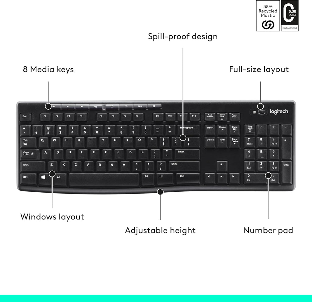 Logitech K270 Wireless Keyboard for Windows, 2.4 GHz Wireless, Full-Size, Number Pad, 8 Multimedia Keys, 2-Year Battery Life, Compatible with PC, Laptop, Black