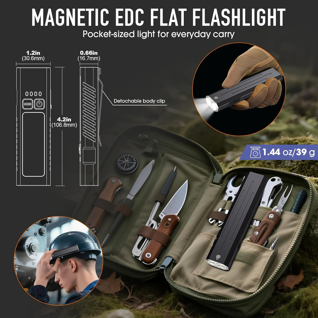 2pack Rechargeable EDC Flashlight - Emergency One Click Strobe Mode, 1600 High Lumens Portable Pocket light Mini Flashlight , Magnetic Small EDC Slim Flat Flashlight for Working Camping Repairing