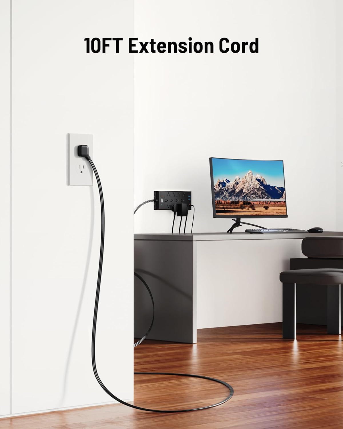 Surge Protector Power Strip 4800J, LeZone 10Ft Long Extension Cord Flat Plug, 12 Outlets 2 USB C 2 USB Ports, Wall Mountable, 20W Desk Charging Station, Black