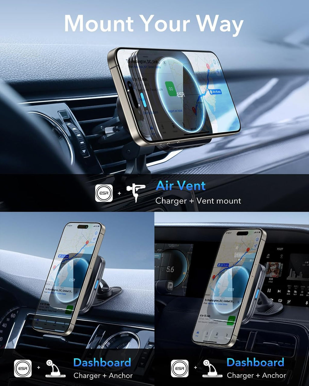 ESR for MagSafe Car Mount Charger,15W Magnetic Wireless Car Charger, for MagSafe Car Charging, Air Vent Dashboard Phone Holder Mount for iPhone Air 17 Pro Max 16 15 14 13 12, Galaxy S25, Fast Charging
