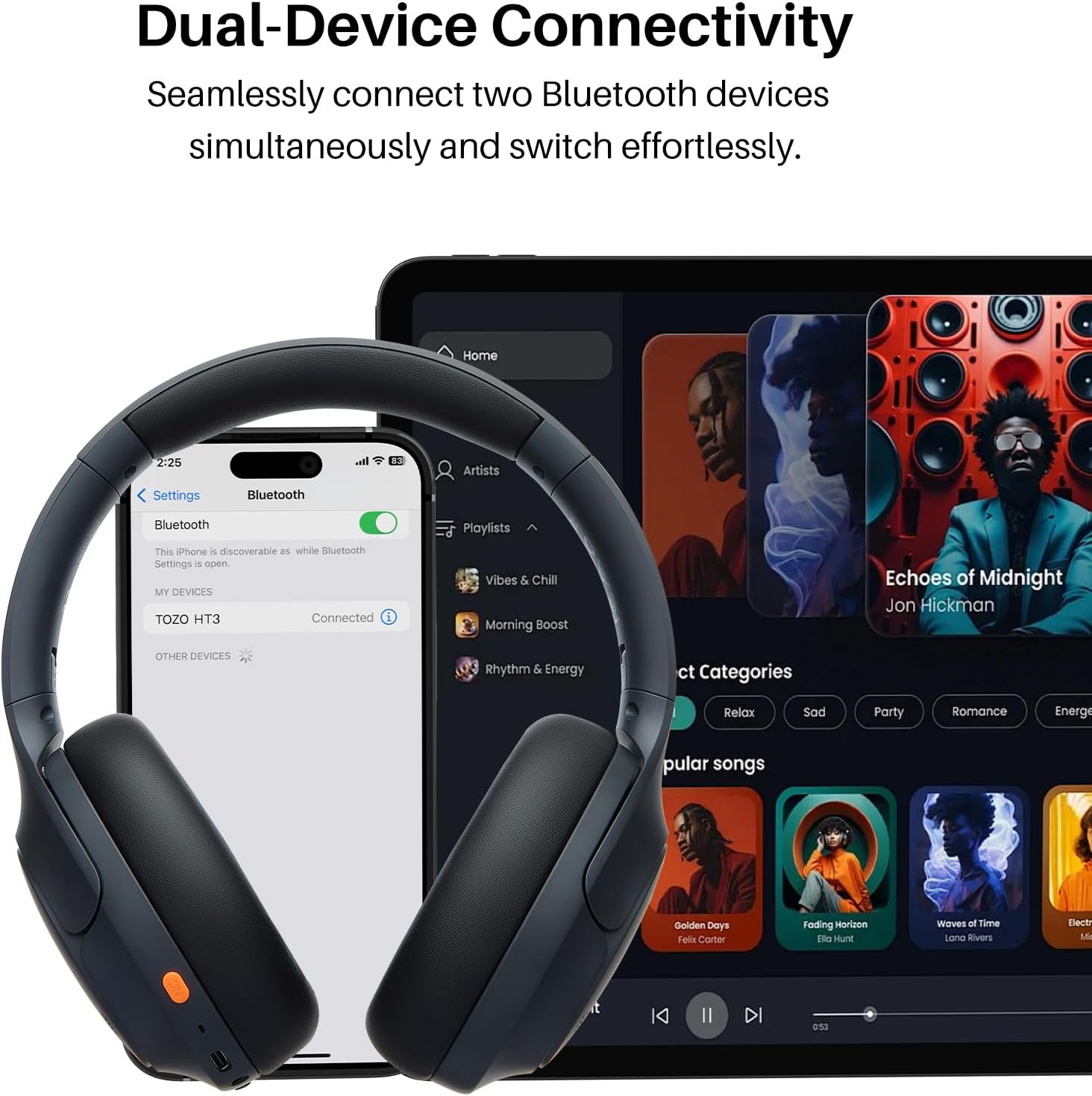 TOZO HT3 Hybrid Noise Cancelling Headphones, 90H Playtime Wireless Over Ear Bluetooth Headset, Spatial Audio AI Chat with 5 Mics, Supports Dual Connection and USB-C Input, with 32 EQ Music Modes