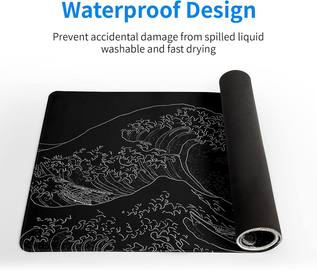 Japanese Sea Wave Large Mouse Pad, Anime Black Gaming, Extended Kanagawa Mat Desk Pad, 3mm Thick Long Non-Slip Rubber Base Mice Pad, 31.5 X 11.8 Inch