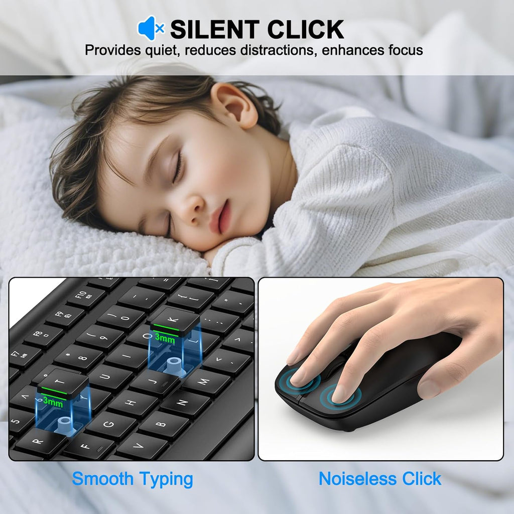 Wireless Keyboard and Mouse Combo, Full Size Silent Ergonomic Keyboard and Mouse, Long Battery Life, Optical Mouse, 2.4G Lag-Free Cordless Mice Keyboard for Computer, Mac, Laptop, PC, Windows