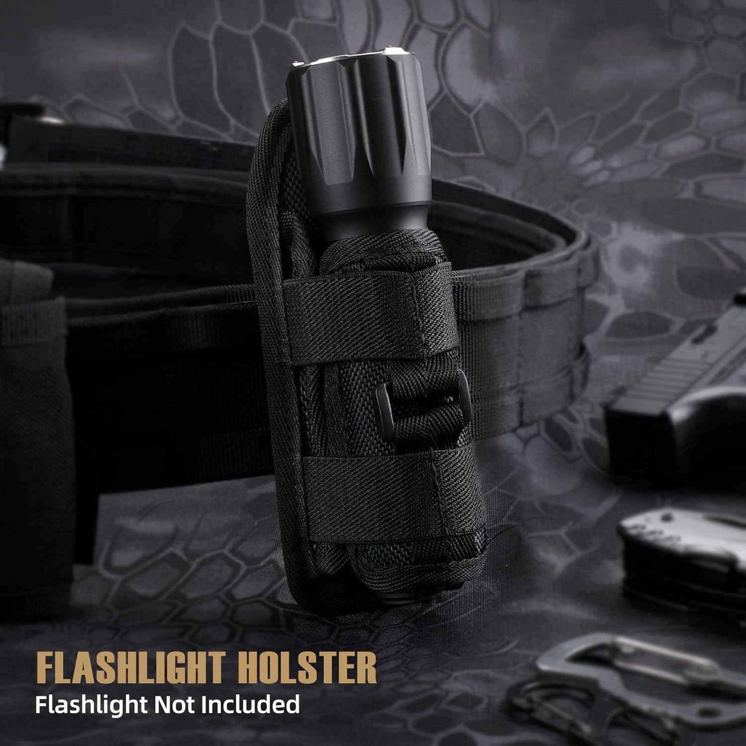LIVANS Tactical Flashlight Pouch Holster, Rotatable Flashlight Holder Belt Clip Tactical Torch Carry Case with 360 Degree Carabiner Reel Clip