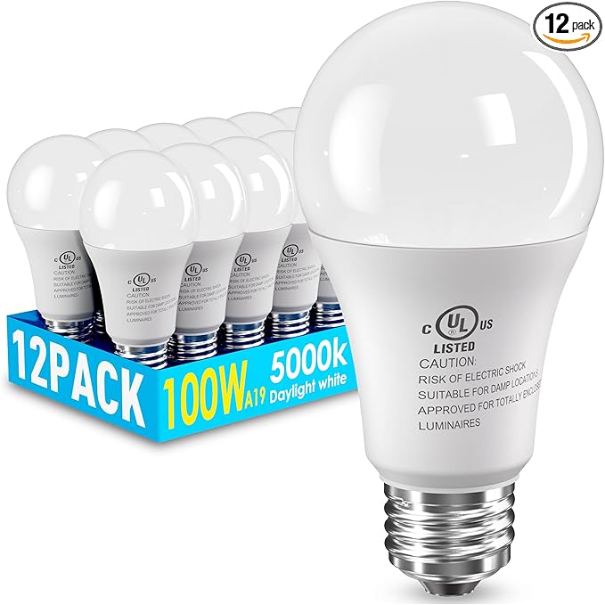12 Pack LED Light Bulbs 100 Watt Equivalent, A19 15W 5000K Daylight, Super Bright White Light 1500 Lumens, E26 Standard No Flicker Energy Saving Lamp Bulb for Home, Bedroom, Office, Non-Dimmable