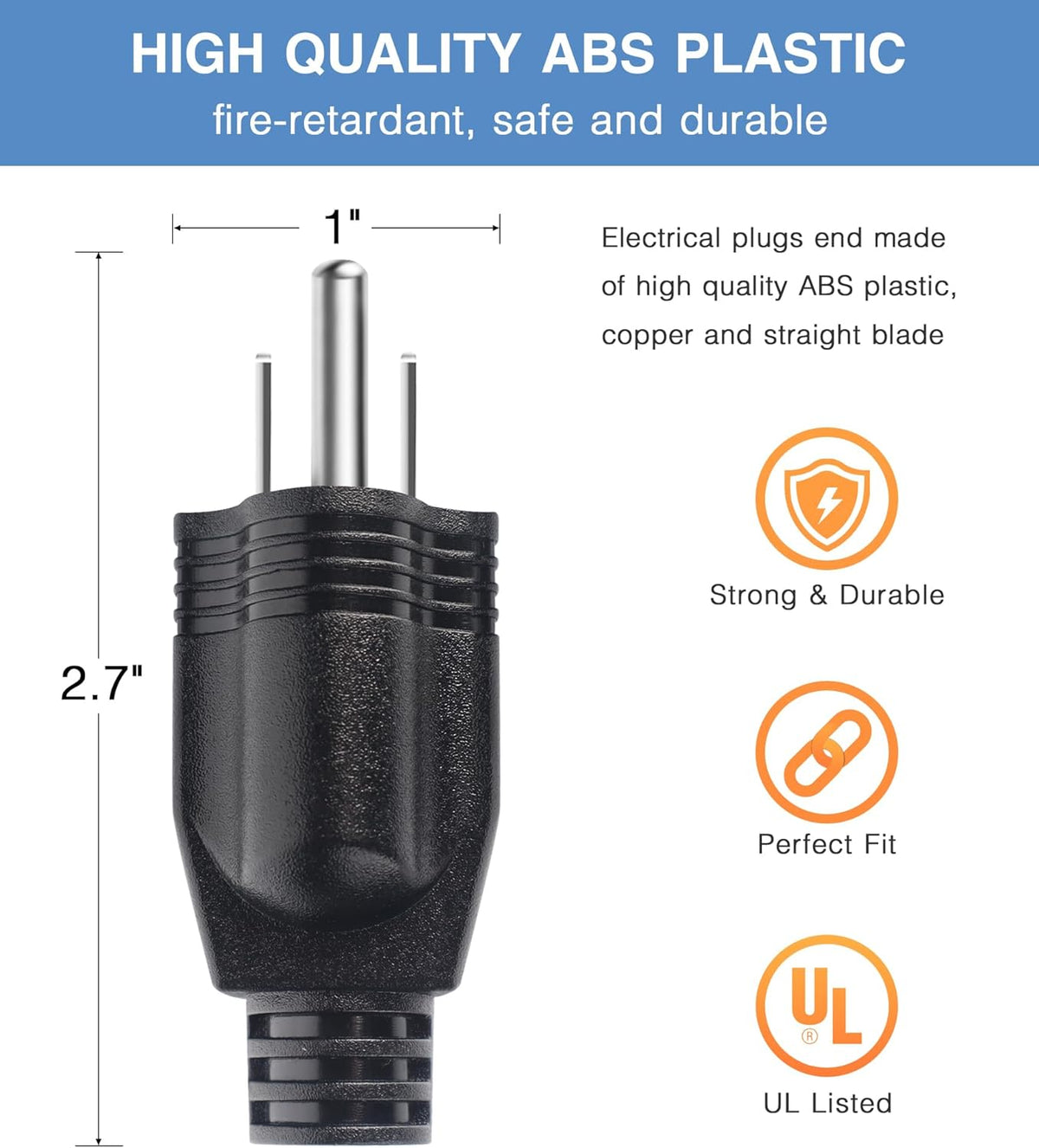 NEMA 5-15P Electrical Replacement Plugs End, Extension Cord Ends 125V 15A 2Pole 3Wire Male Plug，Ground Neutral Generator Plug，3 Prong Power Replacement Type (3)