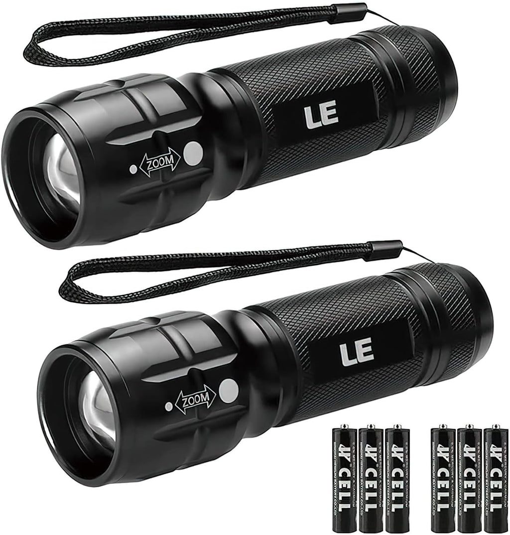 Lighting EVER LED Flashlights High Lumens, Small Flashlight, Waterproof, Adjustable Focus Flash Light for Outdoor, Emergency, Camping, AAA Batteries Included, 2 Pack