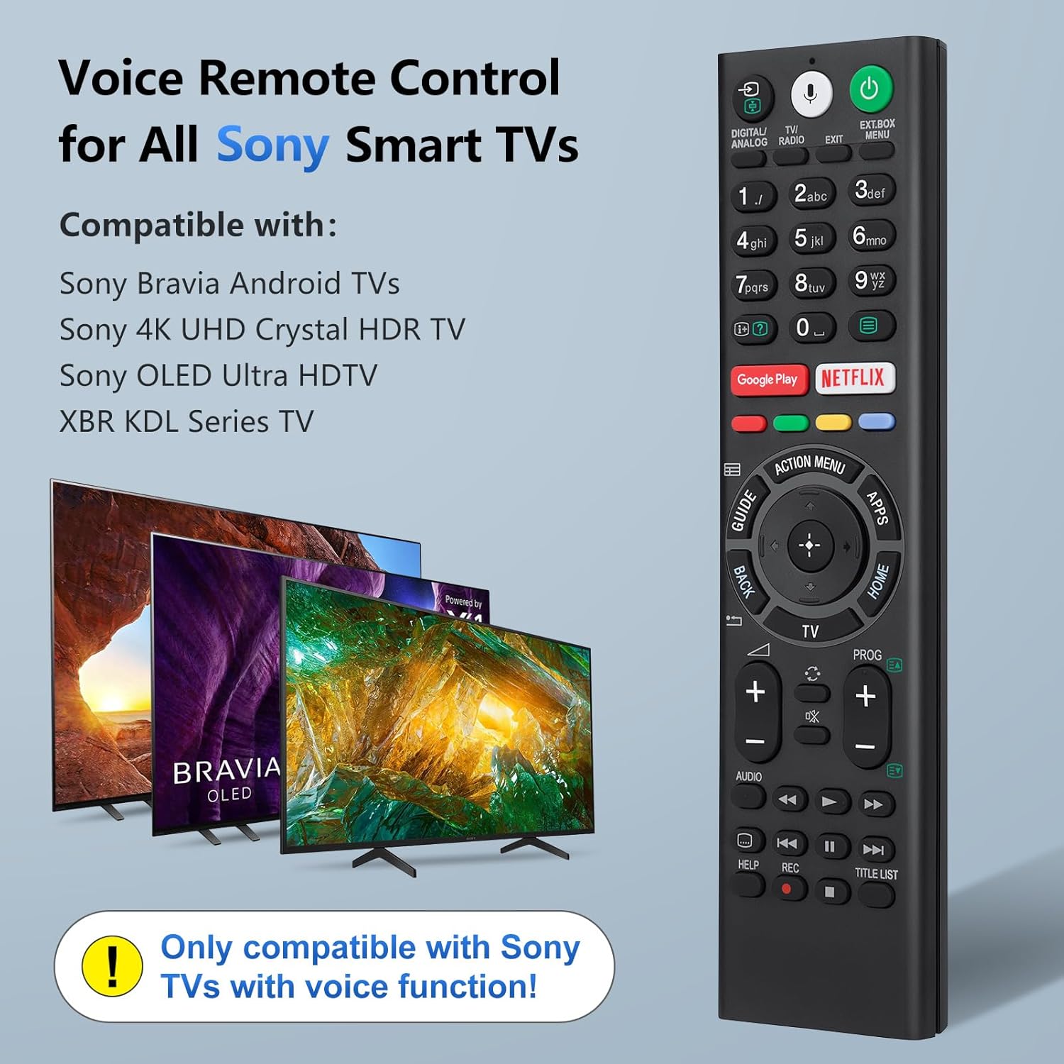 Voice Replacement Remote Control for Sony-Bravia-TVs，for All Sony 4K UHD LED LCD HD Smart TVs. 1-Year Warranty.