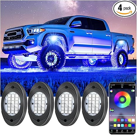 4 Pods RGB LED Rock Lights, Underglow Multicolor Neon Light Kit, Wheel Well Light with APP Control & Music Mode, Under Glow Lights for Trucks,Jeep,SUV,Golf Cart,ATV,Pickup Off Road,12V