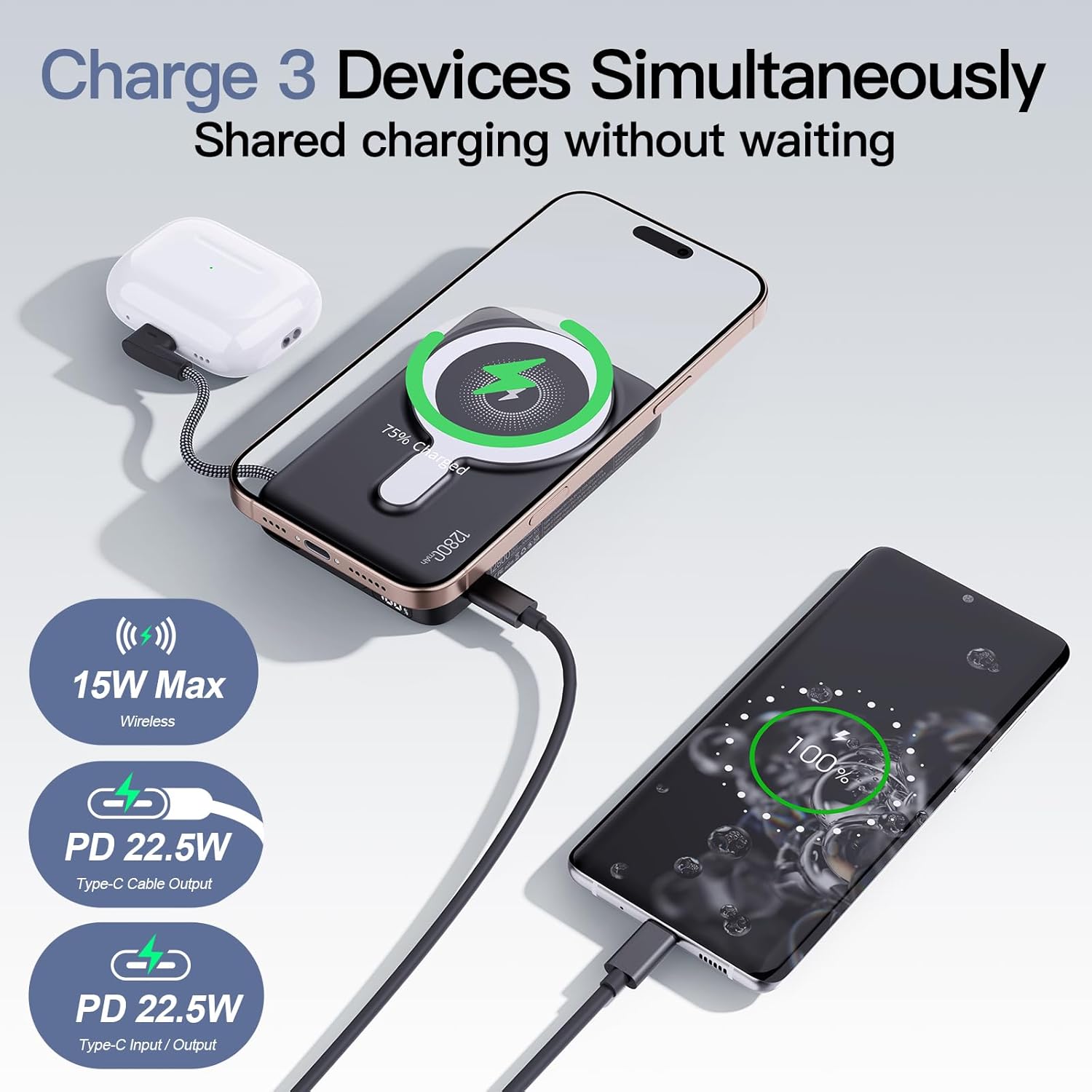 2026 Updated M3 Ultra Slim 0.4'' Wireless Power Bank, 12800mAh Magnetic Portable Charger with Built in Cable and Strap, LED Battery Pack Travel Essentials for iPhone 17/16/15/14/13/12/Pro Max Andriod