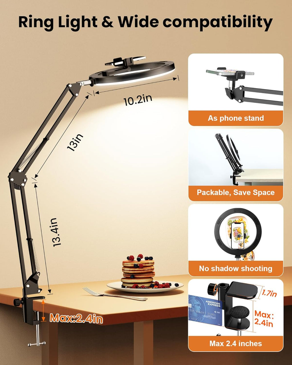 Upgrade Ring Light Overhead Camera Phone Mount for Desk, Evershop 10” Selfie Light with Stand Tripod for iPhone, Light with Phone Holder for Video Recording,Zoom Meeting,Live Streaming Tiktok,YouTube