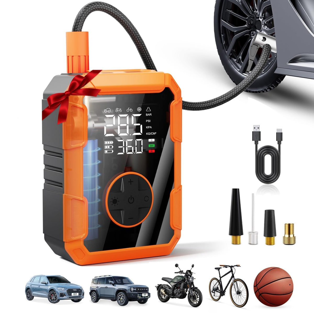 Portable Air Pump for Car Tires, 150 PSI Tire Inflator Cordless with LED Light, Auto Shut-off Air Compressor Bike Tire Pumps with Pressure Gauge for Car Bicycle Motorcycle Ball, Gifts for Men & Women