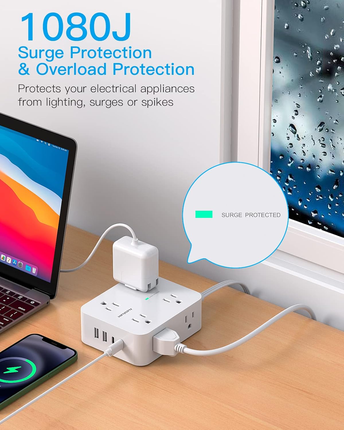 Surge Protector Power Strip, HANYCONY Extension Cord with Multiple Outlets, 5 Ft Ultra Thin Flat Plug 8 Outlets 4 USB Ports(2USB C), 1080J Outlet Extender for Home Office College Dorm Room Essentials