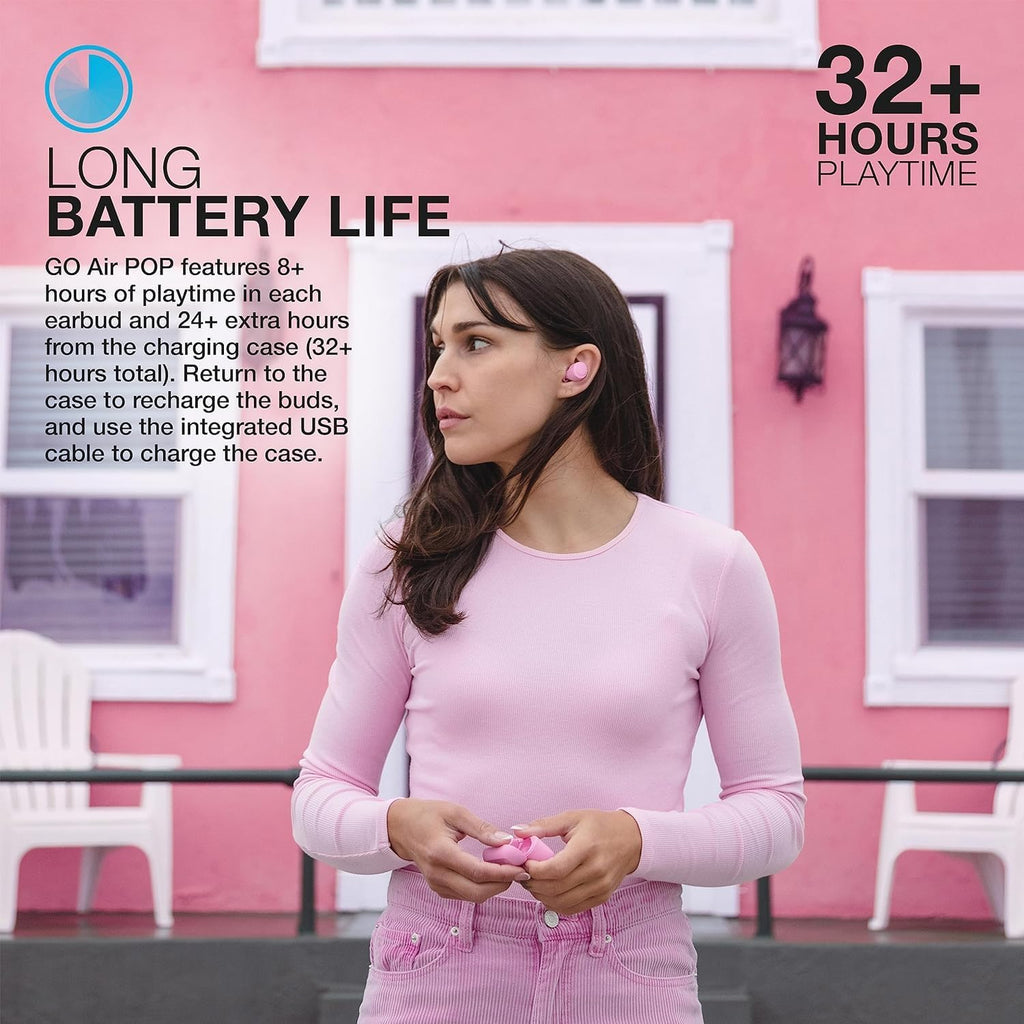JLab Go Air Pop+ True Wireless Earbuds, in Ear Headphones, Bluetooth Earphones, 35H Playtime Ear Buds, Bluetooth Earbuds with Microphone, USB-C Charging Case, Dual Connect, EQ3 Sound, Pink