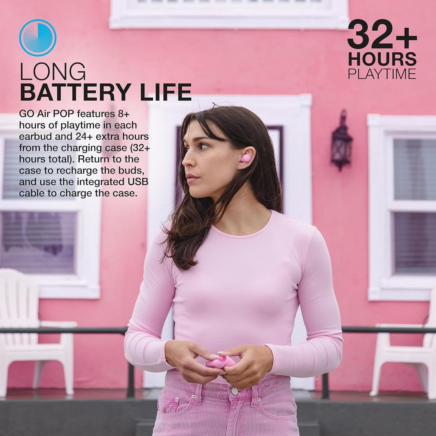 JLab Go Air Pop+ True Wireless Earbuds, in Ear Headphones, Bluetooth Earphones, 35H Playtime Ear Buds, Bluetooth Earbuds with Microphone, USB-C Charging Case, Dual Connect, EQ3 Sound, Pink