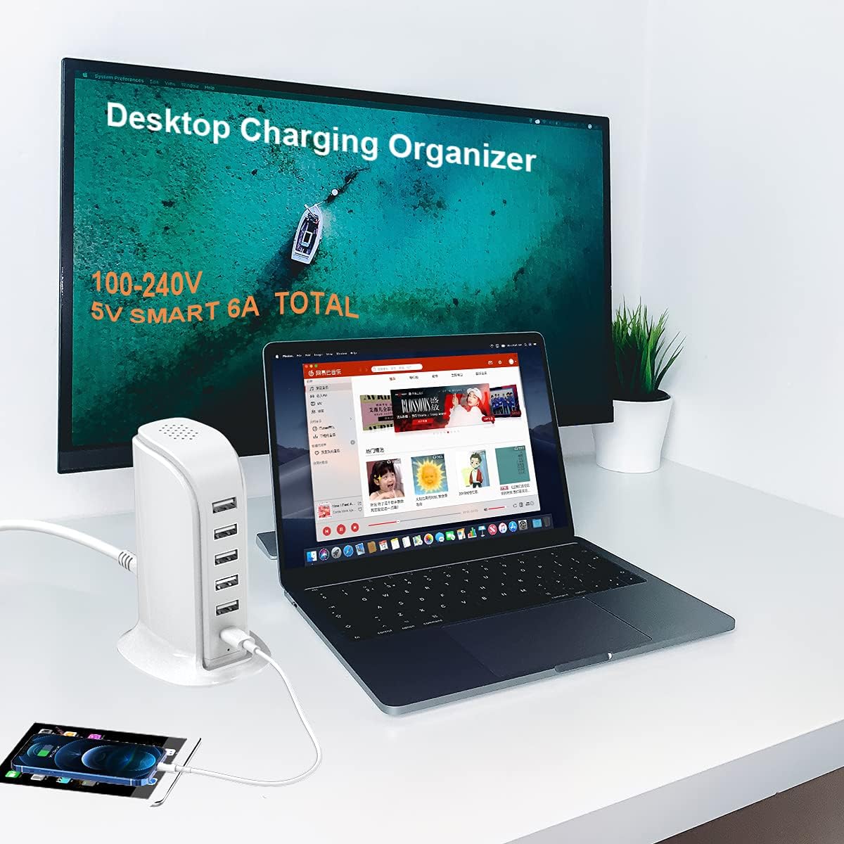 Upoy 40W Charging Station for Multiple Devices – 5 USB Port Charger Tower with Type-C, Smart IC Hub for Home & Office