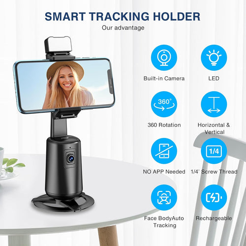 Auto Face Tracking Tripod 360° Rotating Cell Phone Photo and Video Kits Stand, No App, Camera Stand with Remote and Gesture Control, Rechargeable Smart Shooting Stand for Live Recording Tiktok（Black）