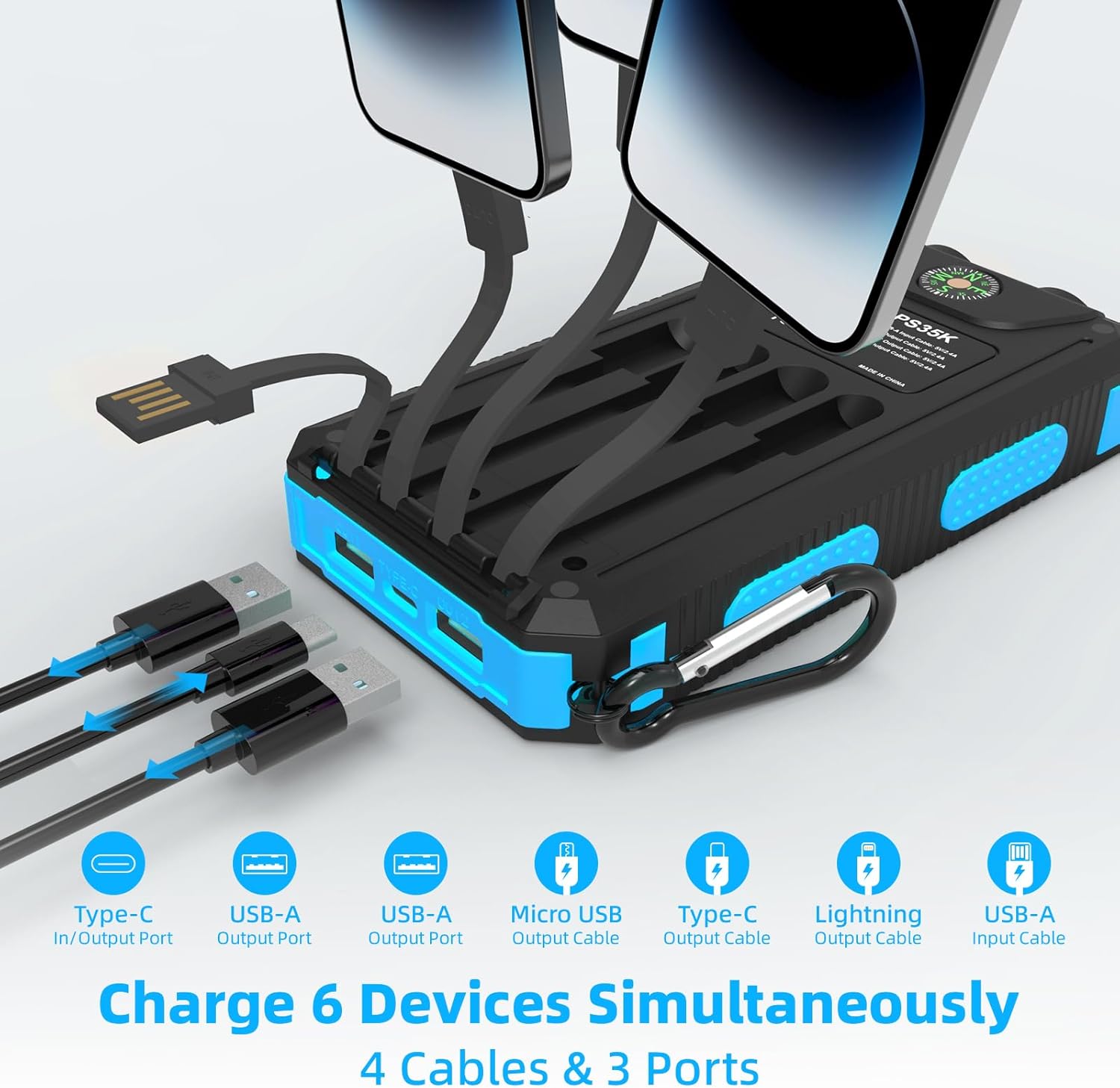 YELOMIN Solar Charger, 20000mAh Portable Type-C Solar Power Bank with 4 Cables, Waterproof Battery Pack, Outdoor External Backup Power Charger Six Outputs/LED Flashlights, Perfect for Camping Travel