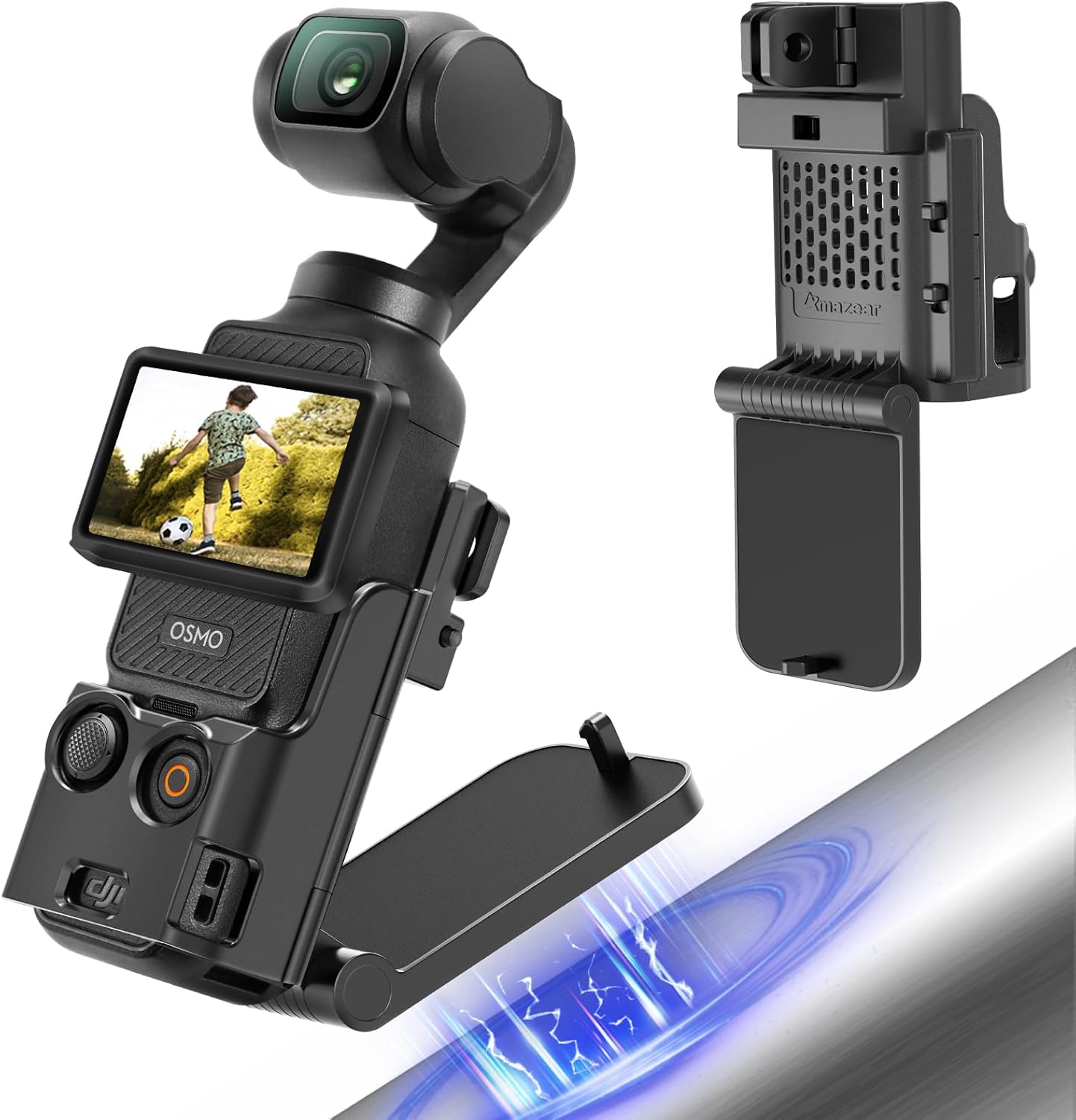 AMAZEAR Magnetic Mount Stand Compatible with DJI Osmo Pocket 3, Upgraded Pocket3 Accessories Adapter Clamp Magnet Suction Case Holder on Desktop, Vertical Surface, 180° Adjustable Handle, Black