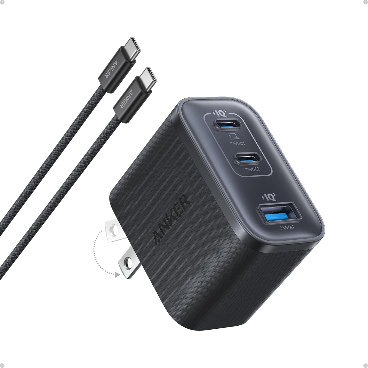 Anker Nano Charger, Ultra-Fast 70W Output 3-Port USB C Charger Block, Fast Charging, Compact and Stylish, for iPhone 17/16 Series, MacBook, iPad, Pixel, Galaxy, and More(Black, Cable Included)