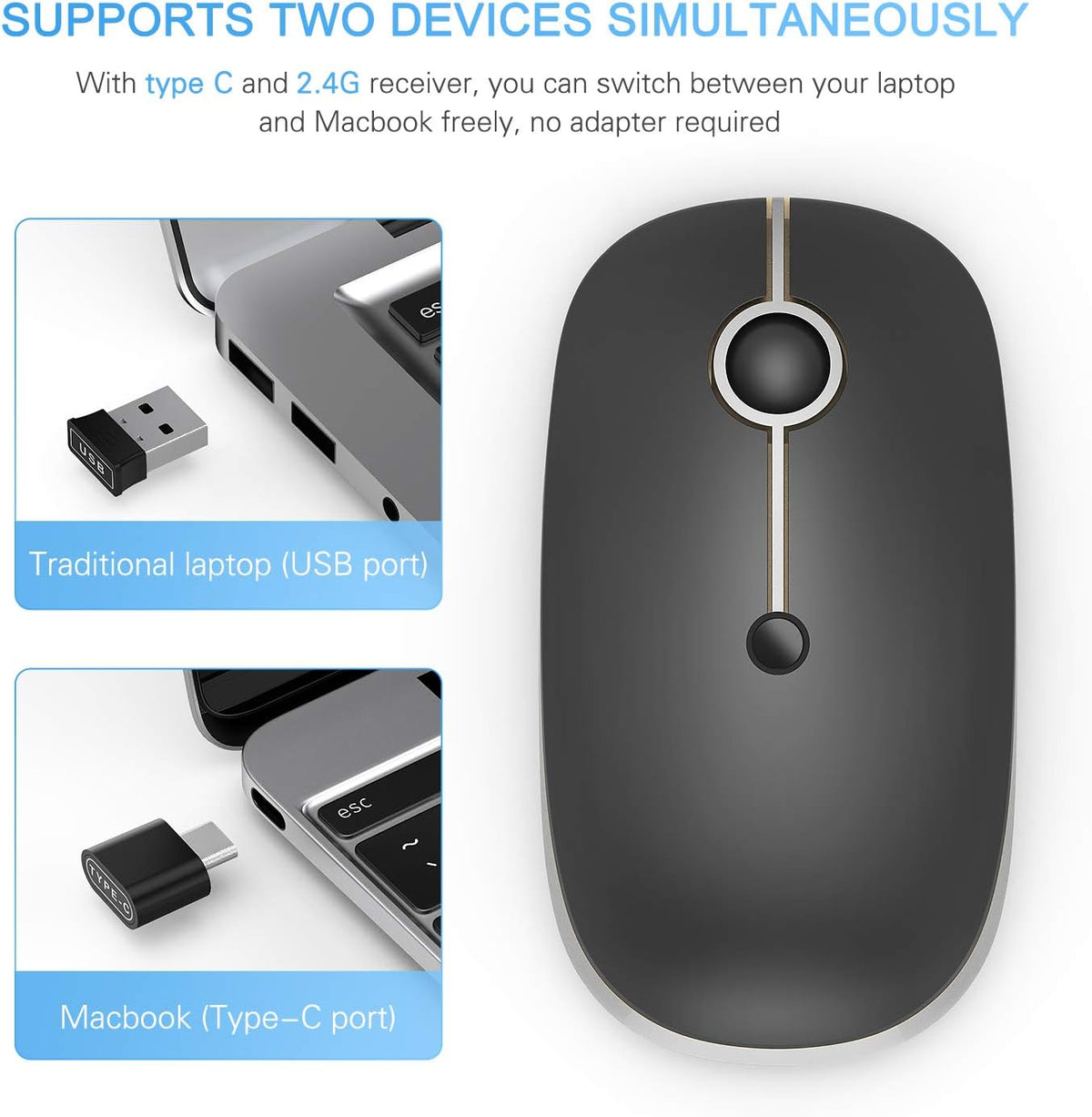 VssoPlor Type C Wireless Mouse, USB C MacBook Wireless Mouse Dual Mode Cordless Mice with USB and Type C Receiver Compatible with PC, Laptop, MacBook and All Type C Devices-Black and Silver