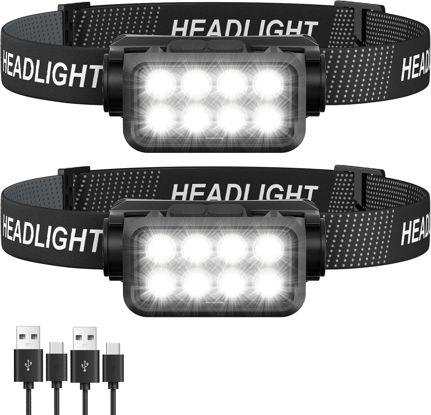 Rechargeable Headlamp Flashlight 2-Pack, 8 LED 2500 Lumen Ultra-Light Bright Headlight, Waterproof Lightweight Head Lamp for Adult Kid, Headlamps for Outdoor Camping Running Fishing