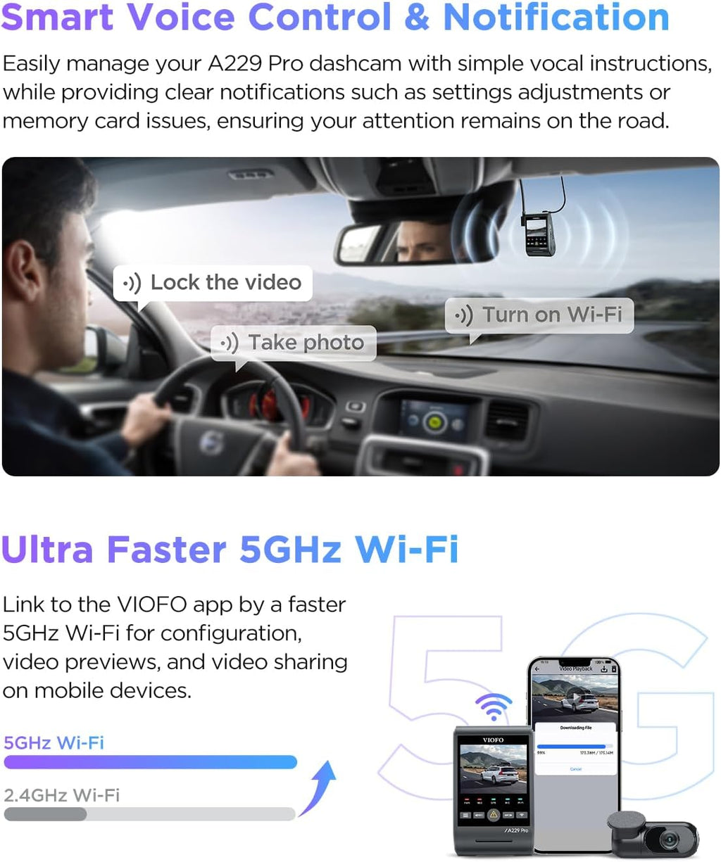 VIOFO A229 Pro 4K HDR Dash Cam, Dual STARVIS 2 IMX678 IMX675, 4K+2K Front and Rear Car Camera, 2 Channel with HDR, Voice Control, 5GHz WiFi GPS, Night Vision 2.0, 24H Parking Mode