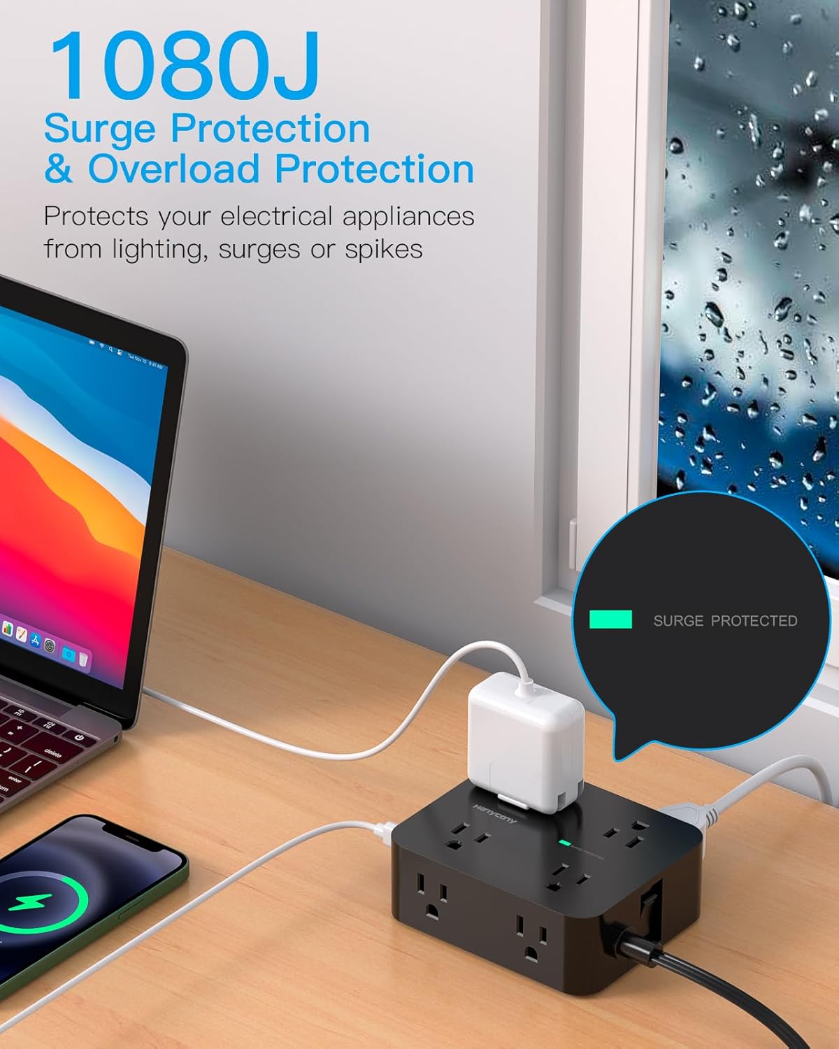 Power Strip Surge Protector, HANYCONY 5Ft Ultra Thin Flat Extension Cord with Multiple Outlets, 8 Widely Outlet Extender 4 USB Ports(2 USB C), 1080J Wall Mount for College Dorm Room Essentials Black