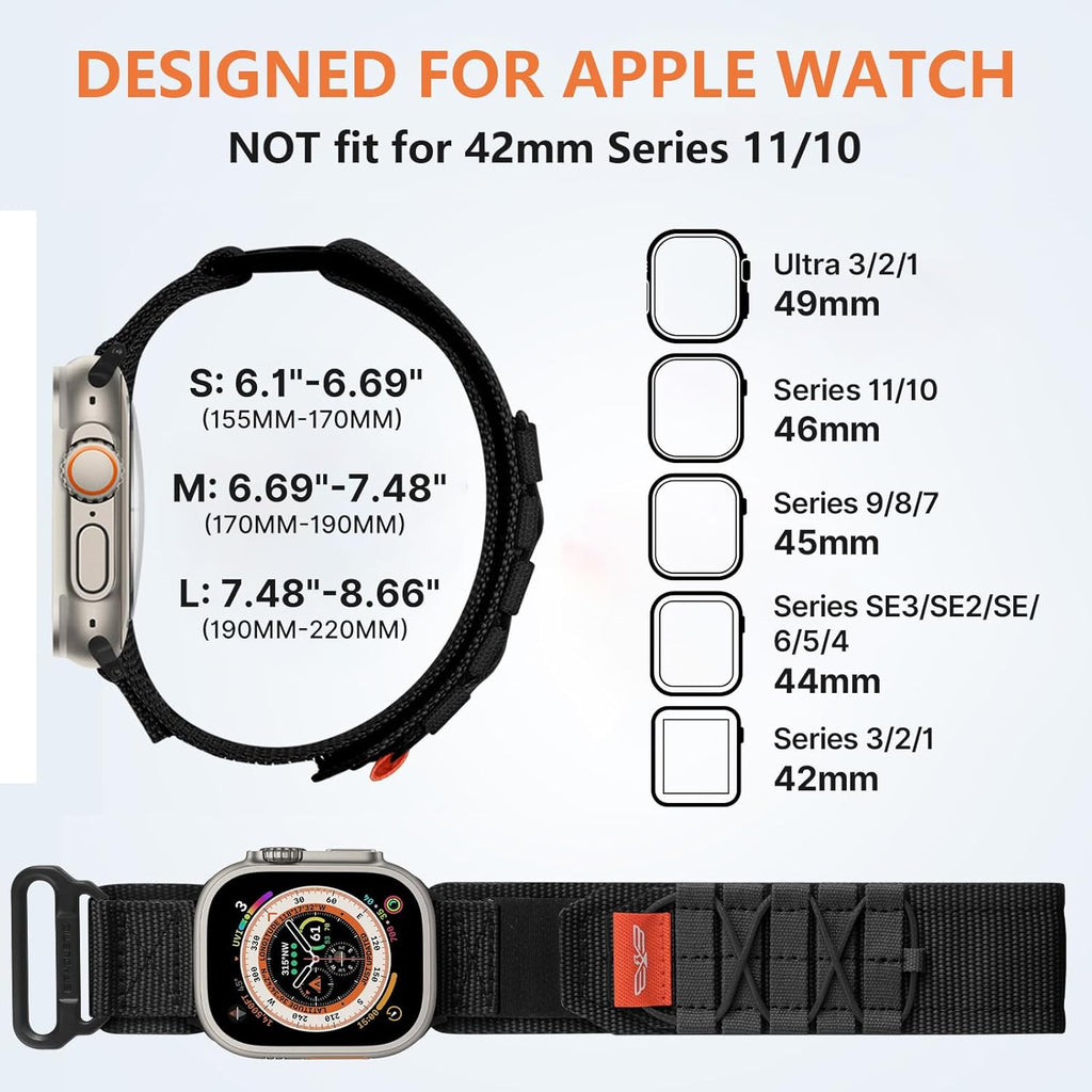 Bandletic Nylon Bands Compatible with Apple Watch Ultra 3/Ultra 2 Band 49mm for Men 46mm 45mm 44mm 42mm(Series 3), Rugged Tactical Sport Strap for iWatch Series 11 10 9 8 7 6 5 4 SE 3 2 1, L-Black