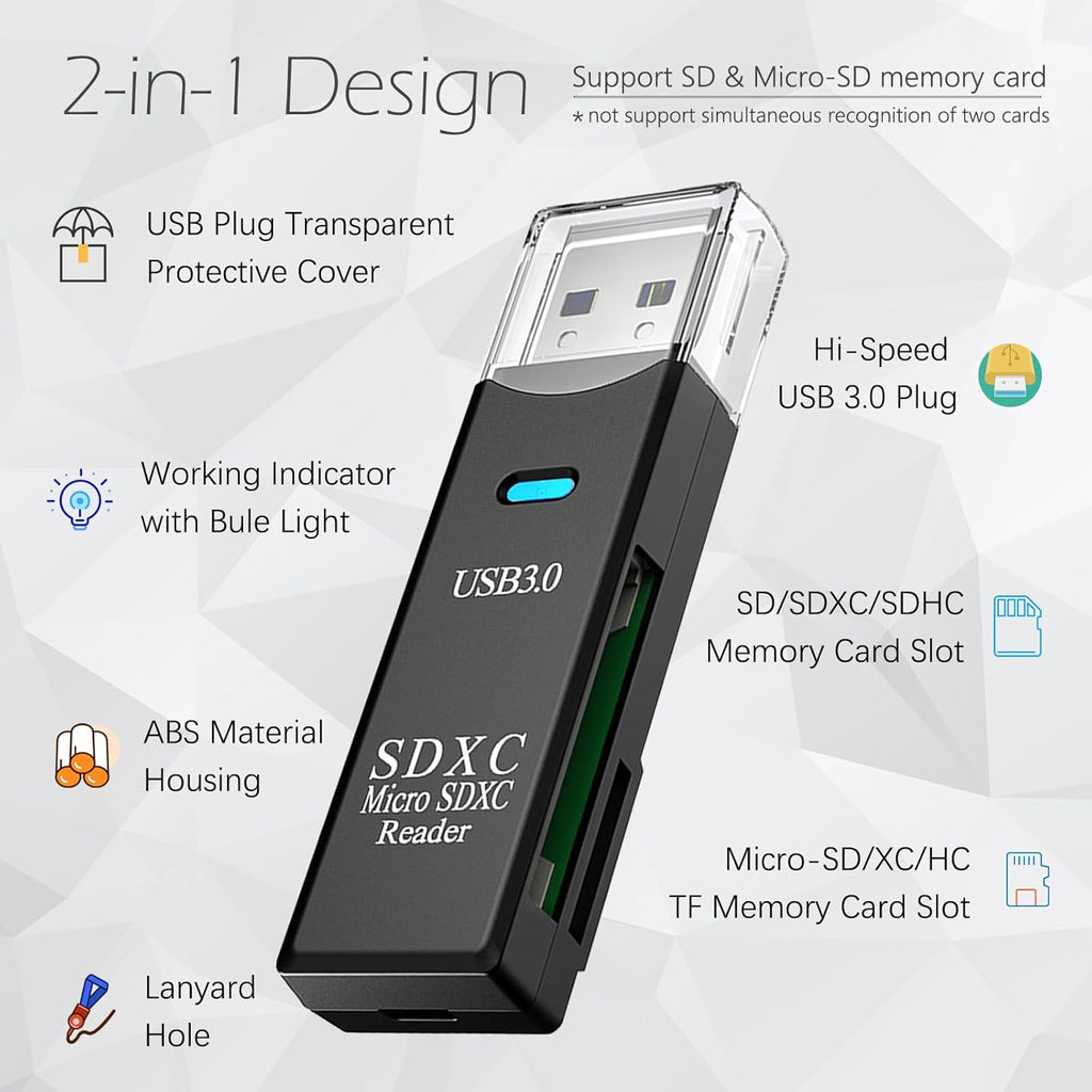 USB3.0 Micro SD Card Reader, 5Gbps 2-in-1 SD Card Reader to USB Adapter, Wansurs Memory Card Reader for SDXC, SDHC, MMC, RS-MMC, Micro SDXC, Micro SD, Micro SDHC and UHS-I Cards (1Pack Black)