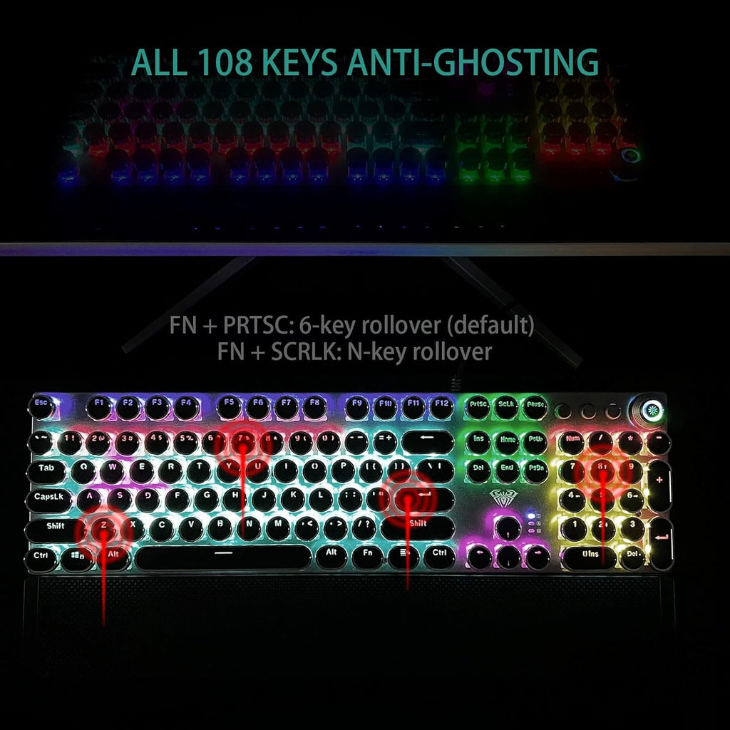 AULA F2088 Typewriter Style Mechanical Gaming Keyboard Wired,Blue Switches,Rainbow LED Backlit,Removable Wrist Rest,Media Control Knob,Retro Punk Round Keycaps,USB Wired Computer Keyboard