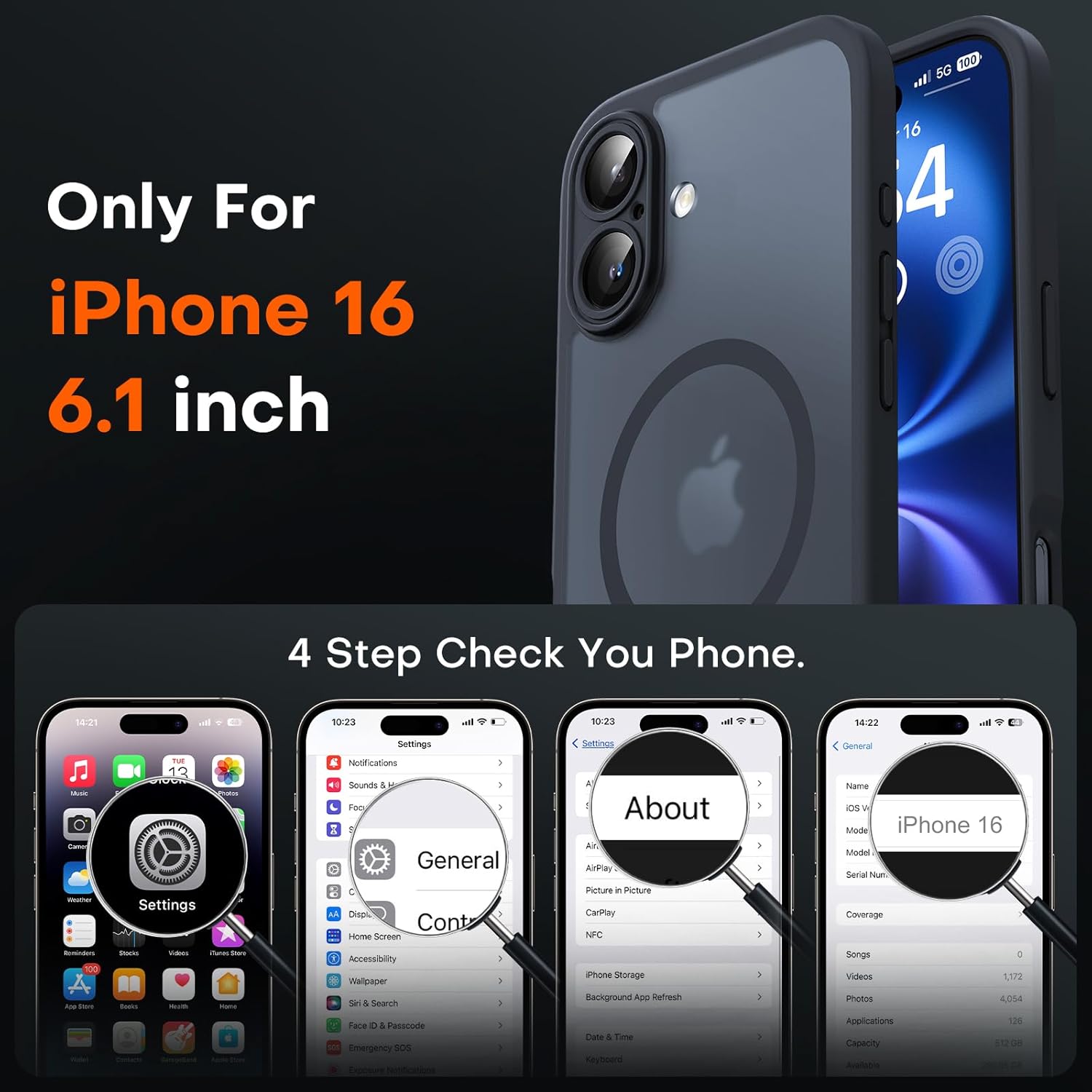 TOCOL Magnetic for iPhone 16 Case, Compatible with Magsafe, Upgraded Full Camera Protection, Drop Protection, Translucent Matte Back Bumper Phone Cover 6.1-Inch（Black）