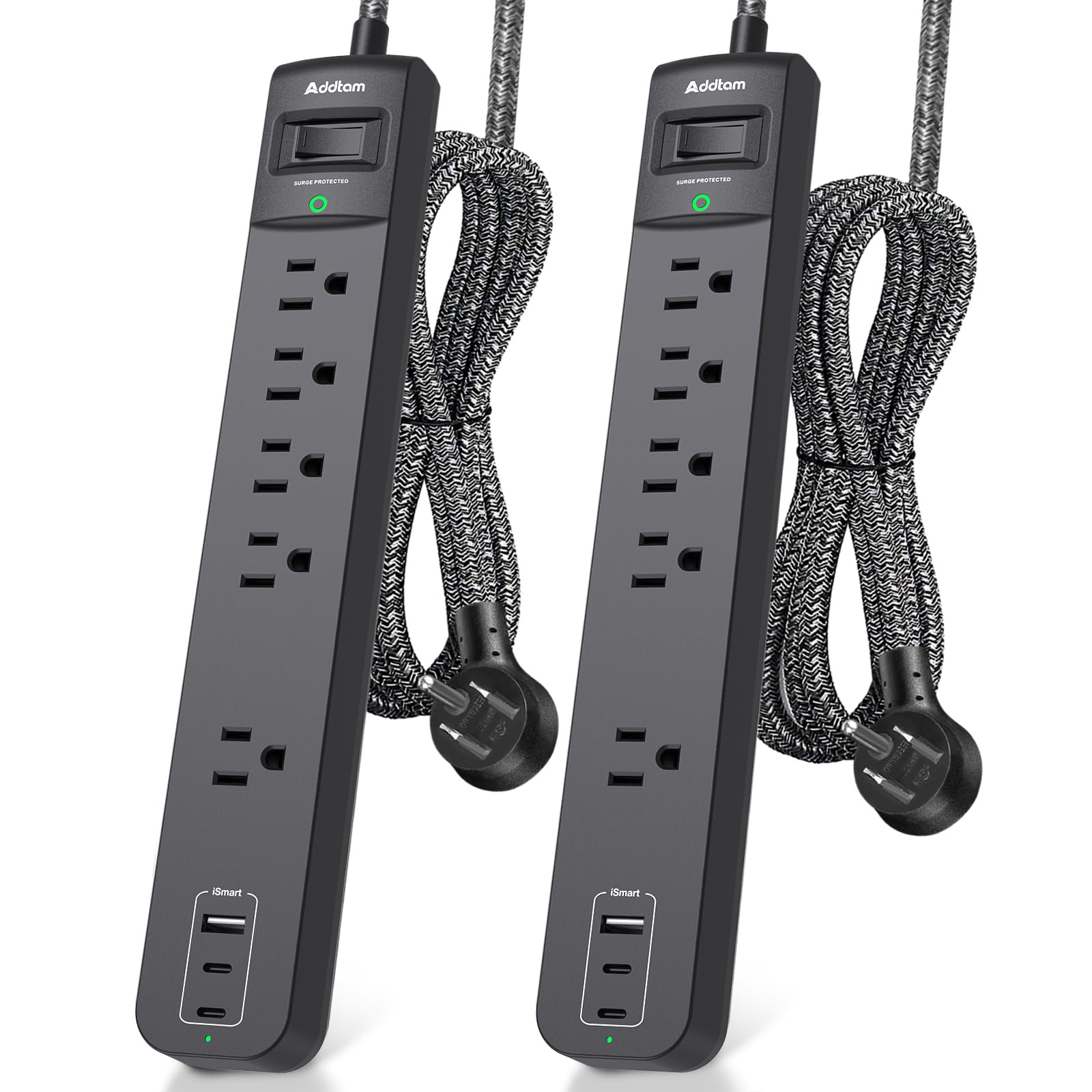 2 Pack Surge Protector Power Strip – 5 Wide Outlets, 3 USB Ports, 6FT Braided Cord, Flat Plug, 15A