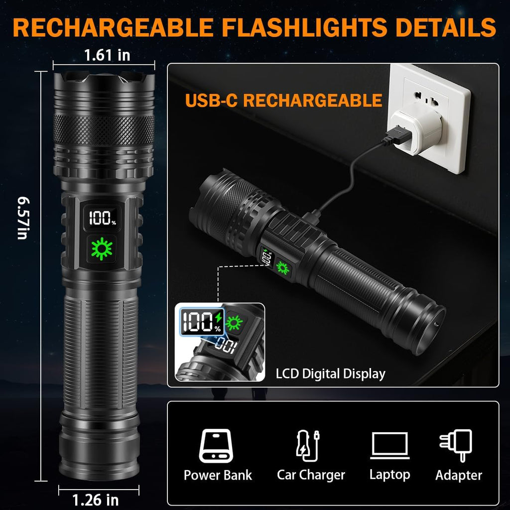 3Pack Rechargeable Flashlights High Lumens 9900FL, LED Flashlight Rechargeable with LCD Digital Display, 5Modes Adjustable Flash Light, Super Bright Flashlight Powerful, Tactical Flashlights for Home