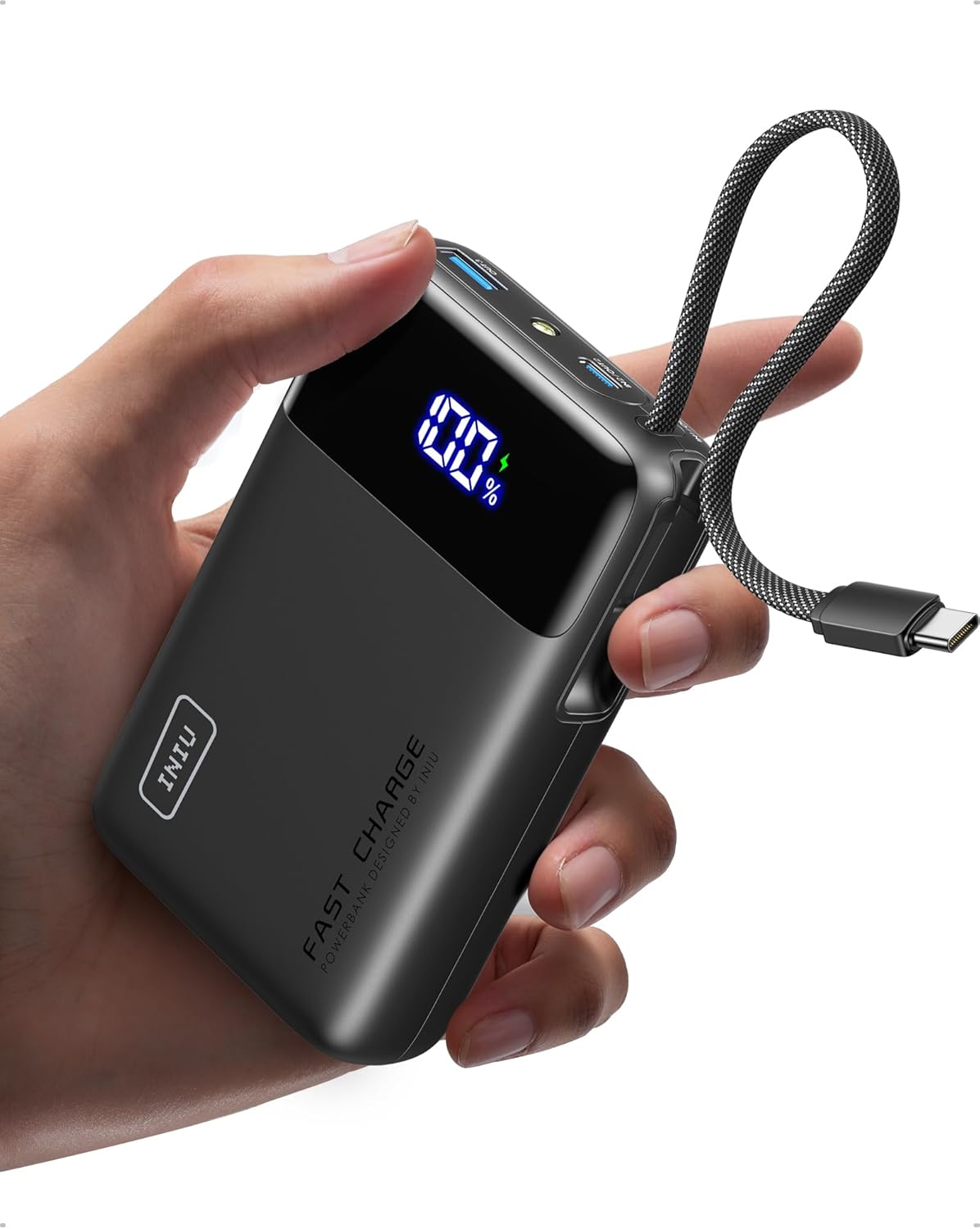 INIU 45W Portable Charger, Smallest 20000mAh Power Bank with Build in USB-C Cable, Fast Charging USB C in&Out Battery Pack, Travel Phone Charger for iPhone 17 16 15 Air Samsung S25 S24 Google iPad etc