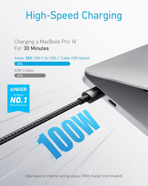 Anker USB C to USB C Cable, Type-C Charging Cord Fast Charge(10FT,100W), for iPhone 17/17 pro, MacBook and More(Black)