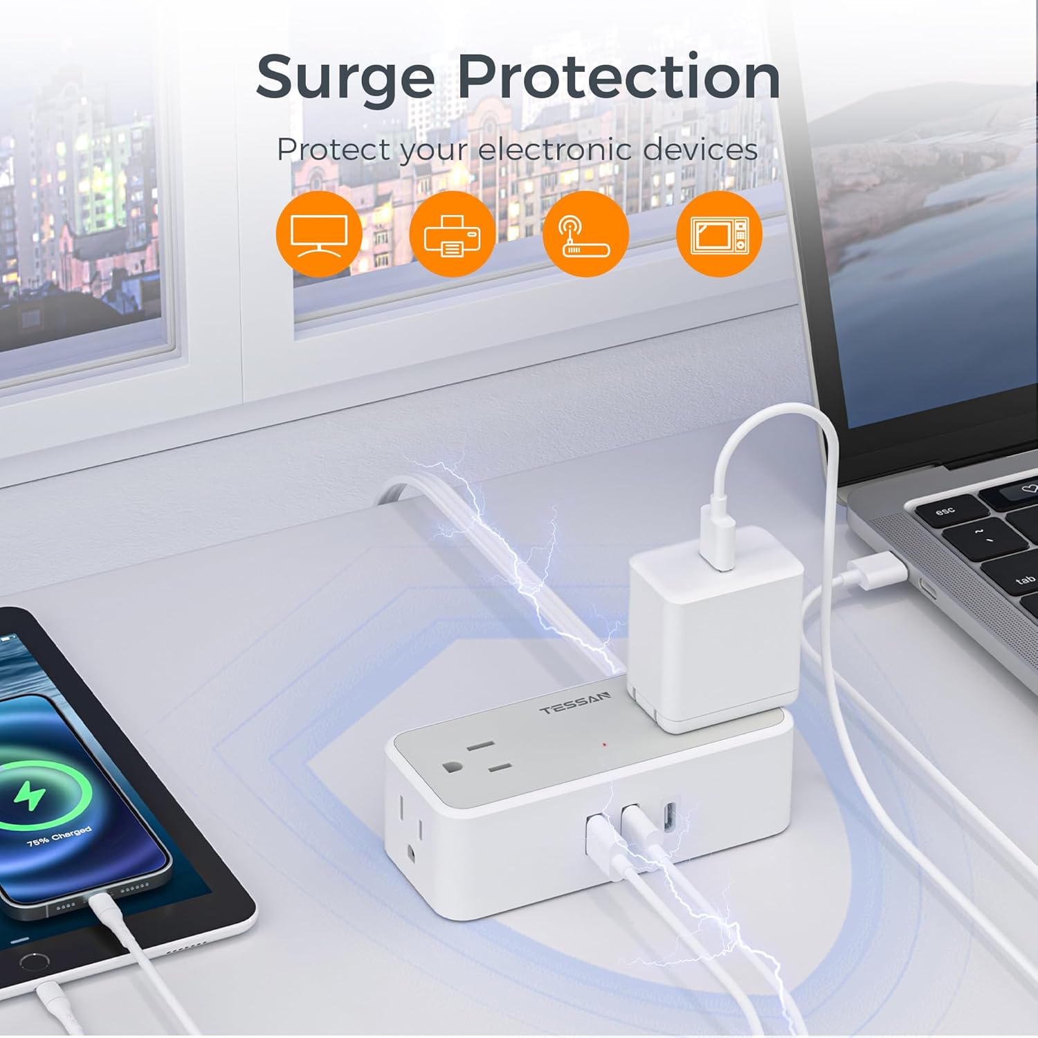 TESSAN Flat Plug Extension Cord 5 FT, Surge Protector Power Strip with 4 AC Outlets 1 USB C and 2 USB A Ports, 900 Joules Protection, 1250W, Multiple Wall Outlet Extender Suitable for Home Office Dorm