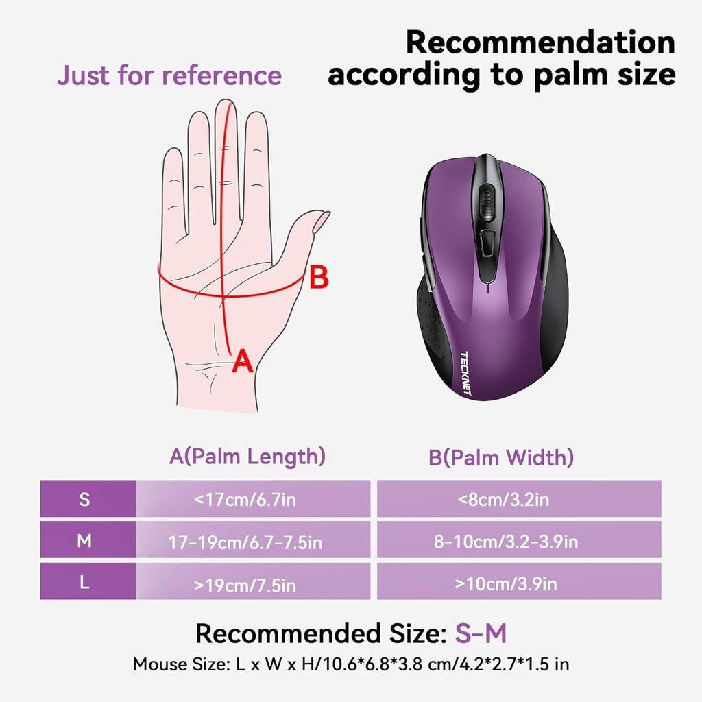 TECKNET Wireless Mouse, 2.4G Ergonomic Optical Mouse, Computer Mouse for Laptop, PC, Computer, Chromebook, Notebook, 6 Buttons, 24 Months Battery Life, 2600 DPI, 5 Adjustment Levels - Purple
