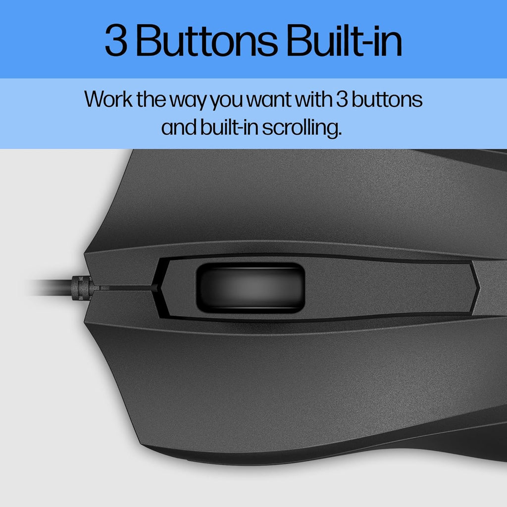 HP Wired Mouse 100 - Precise Optical Sensor with 1600 DPI - Easy USB Connection - Ambidextrous Design - 3 Button Control & Built-in Scrolling - Multi-OS Compatible (6VY96AA#ABL)