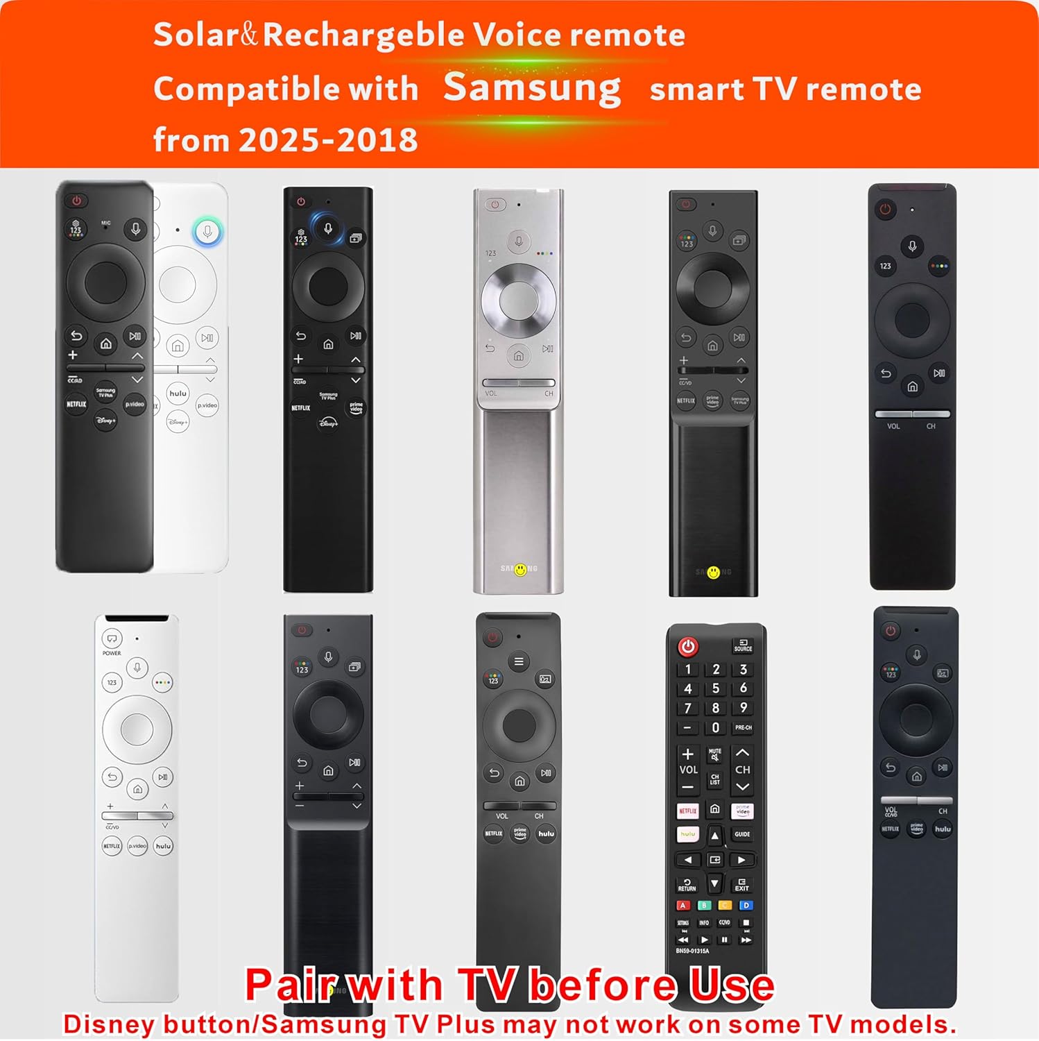 Replacement Solar TV Remote for Samsung Smart TV 2025-2019, Rechargeable Universal Samsung Remote, Fast Charging, Solarcell, Free USB C Cable, Voice, Bluetooth. 2-Year Warranty