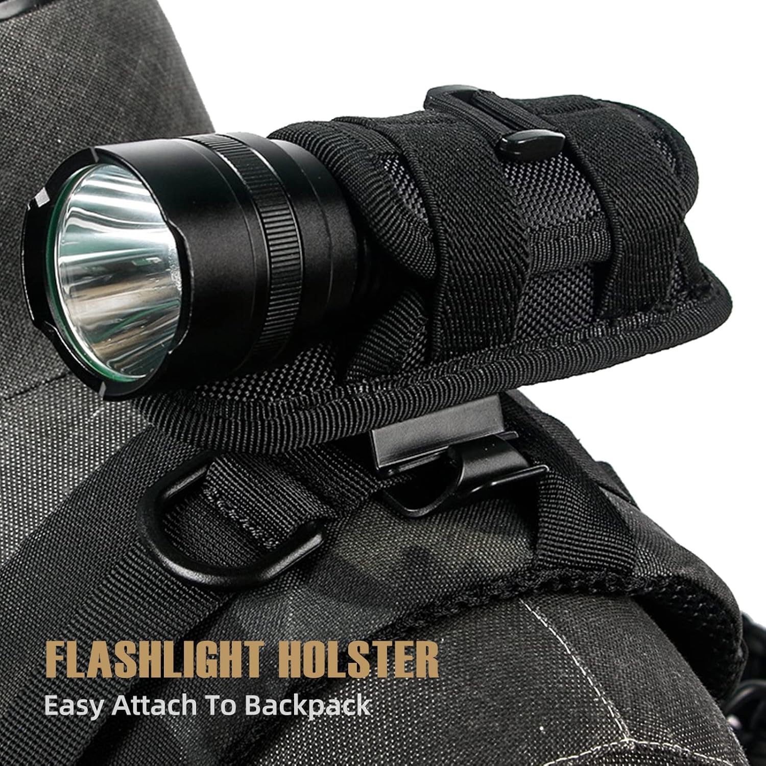 LIVANS Tactical Flashlight Pouch Holster, Rotatable Flashlight Holder Belt Clip Tactical Torch Carry Case with 360 Degree Carabiner Reel Clip
