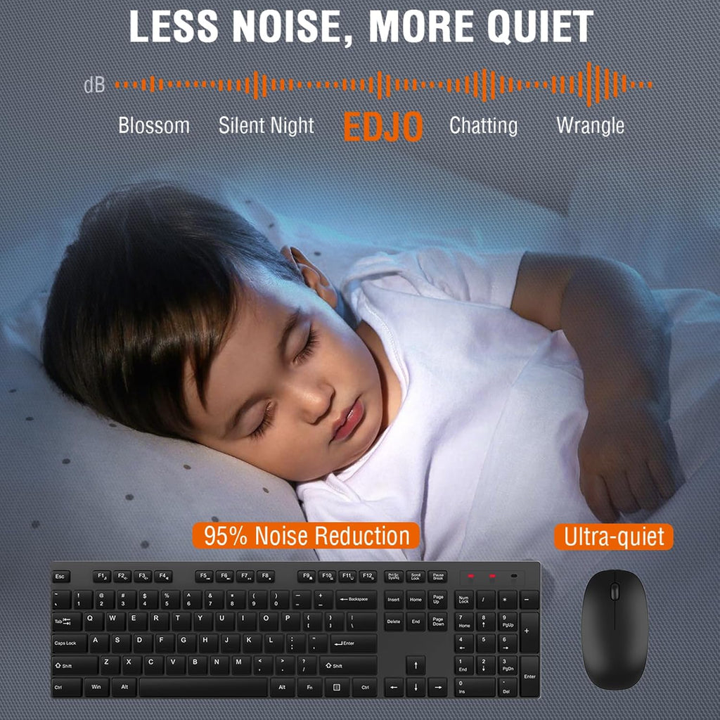Wireless Keyboard and Mouse Combo, EDJO Silent Full Size Cordless USB Keyboard Mouse, 2.4GHz Lag-Free, Long Battery Life, for Computer, Laptop, PC, Chromebook, Windows (Black, 1 Pack)