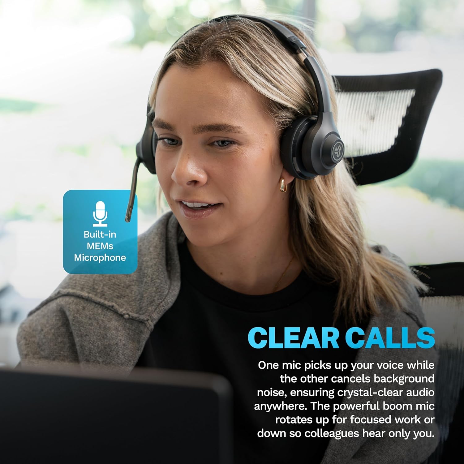 JLab Go Work Gen 2 Wireless Headsets with Microphone - 55+ Playtime PC Bluetooth Headset and Multipoint Connect to Laptop Computer and Mobile - Wired or Wireless (Bluetooth or USB Dongle) Headphones