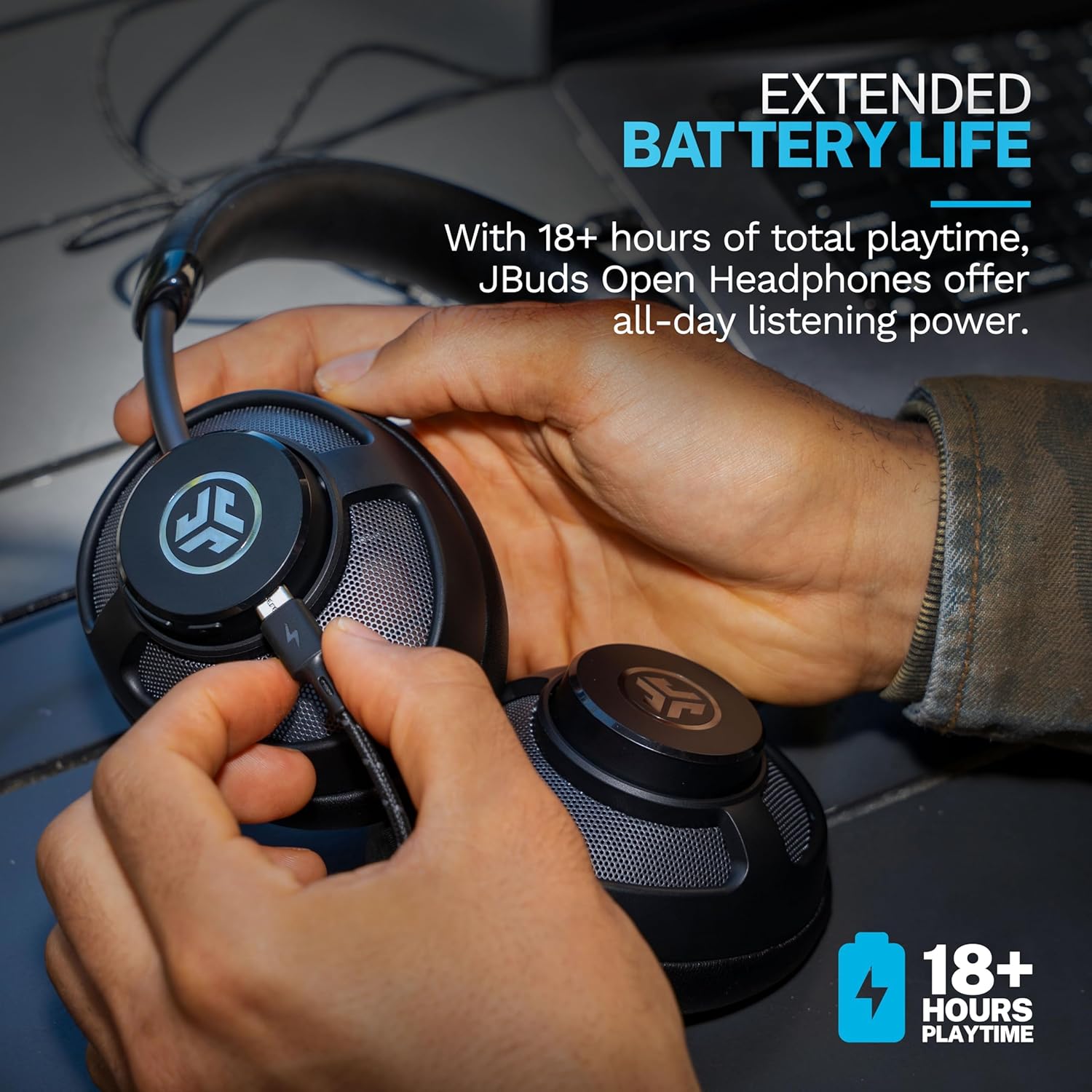 JLab JBuds Open Wireless Headphones, Black, Open-Back, Immersive Sound, Dual Coaxial 35mm + 12mm Drivers, Comfortable Breathable Open Fit, All Day Listening 24 Hour Playtime, Customize App