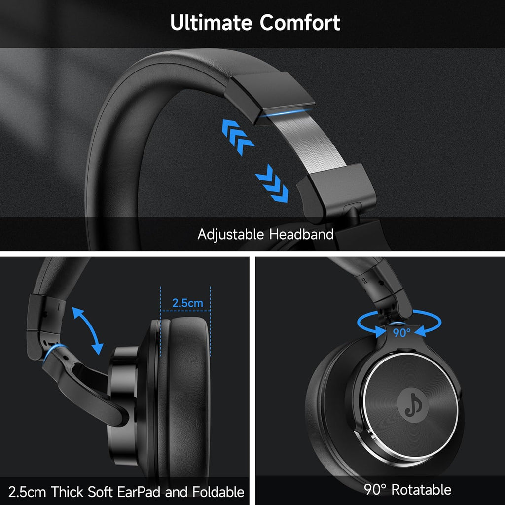 Wired Headphones Over Ear, Studio Monitor & Mixing DJ Headphones with 50mm Neodymium Drivers and 1/4 to 3.5mm Jack for Guitar AMP Podcast Piano Keyboard (Black)