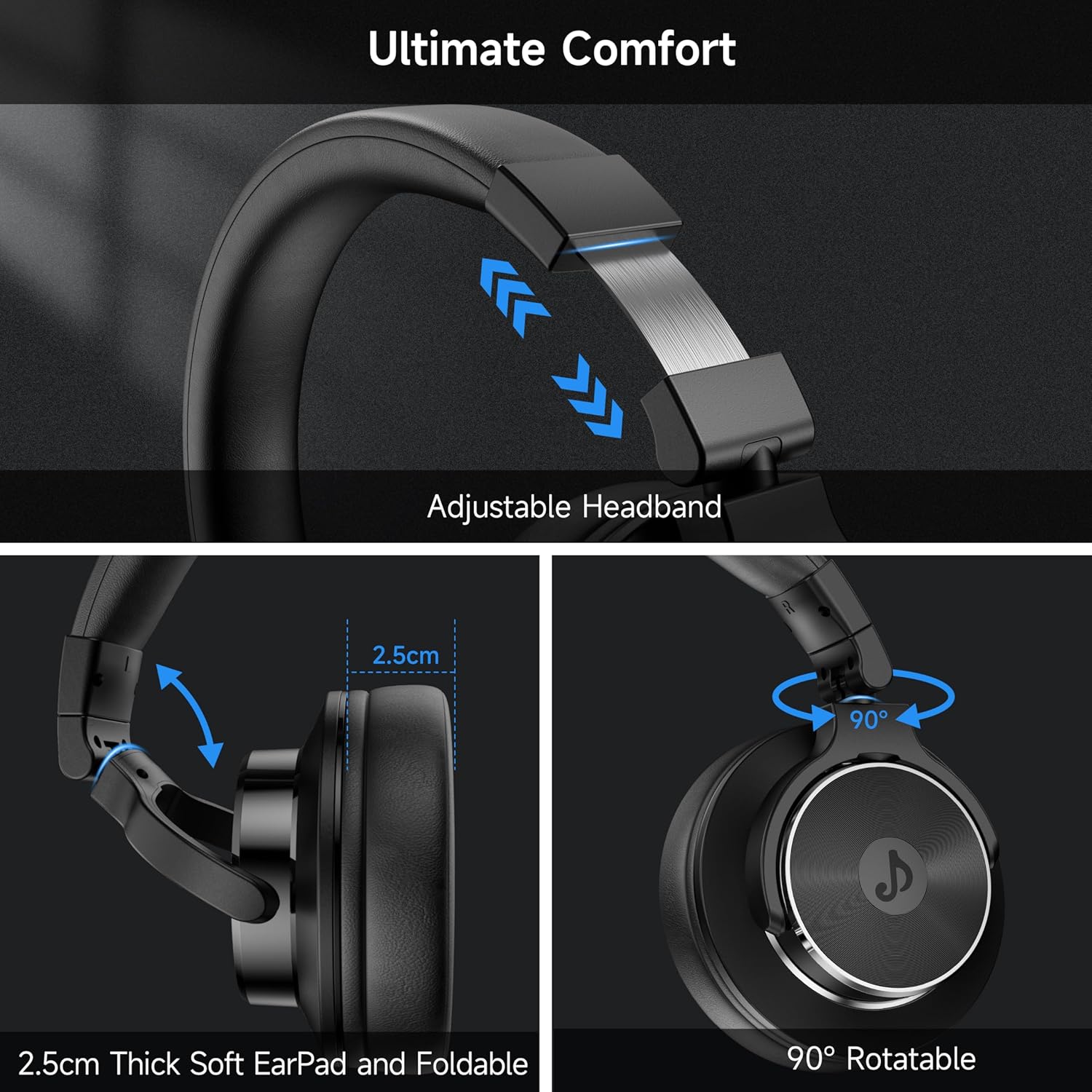 Wired Headphones Over Ear, Studio Monitor & Mixing DJ Headphones with 50mm Neodymium Drivers and 1/4 to 3.5mm Jack for Guitar AMP Podcast Piano Keyboard (Black)